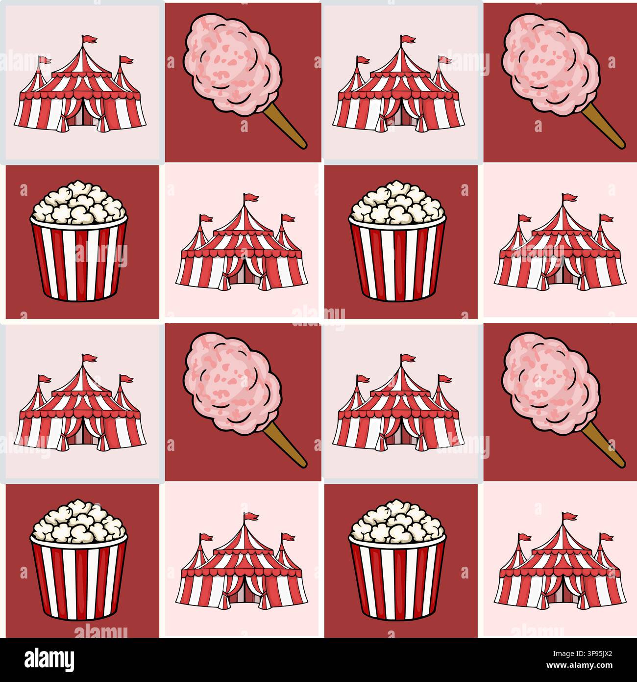 Seamless vector pattern with circus tents, cotton candy and popcorn buckets on a checkered background Stock Vector
