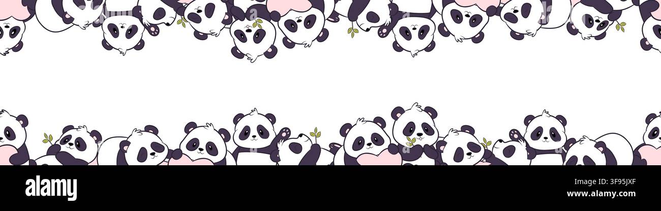 Vector seamless border featuring cute pandas Stock Vector