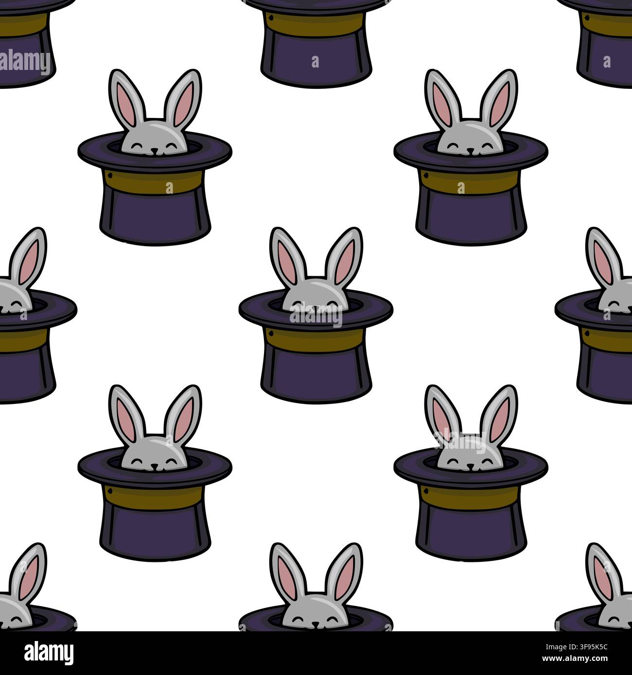 Seamless vector pattern featuring cute cartoon rabbit inside a magician top hat Stock Vector