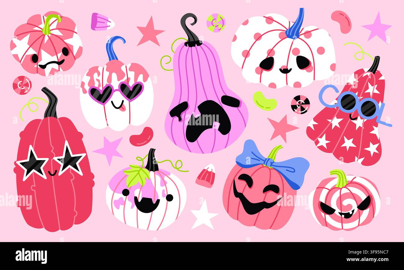 Cute Halloween Pumpkins with Spooky Faces Stock Vector