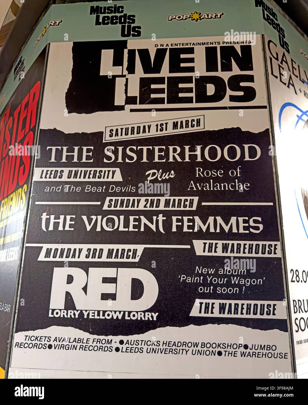 Live in Leeds music gigs flyer advertising city-centre venues in Leeds, England, UK. Stock Photo