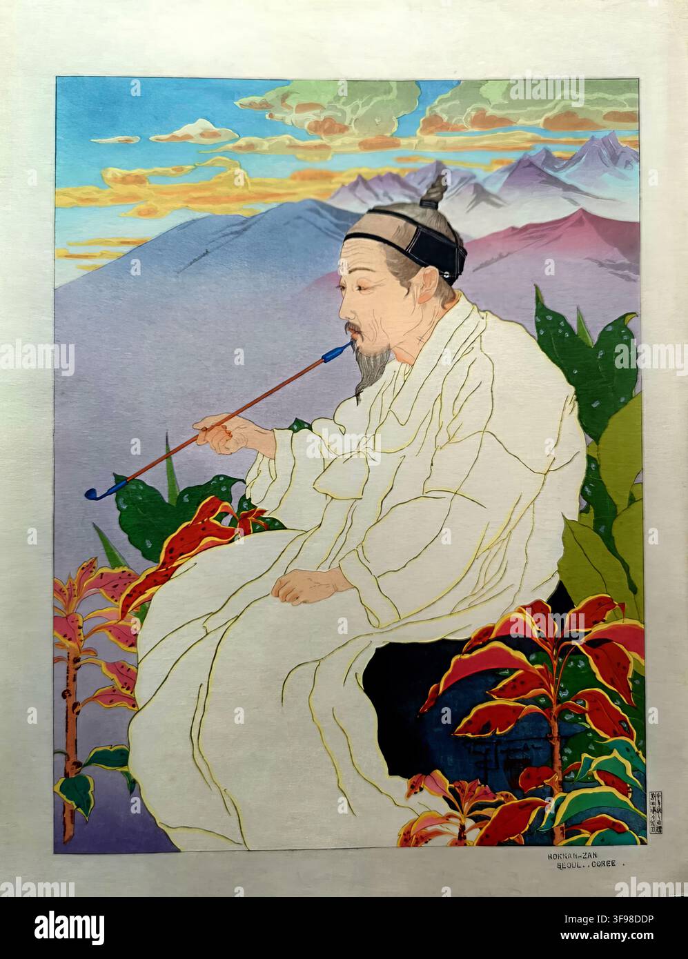 Portrait of an elderly Japanese man smoking a pipe while on the