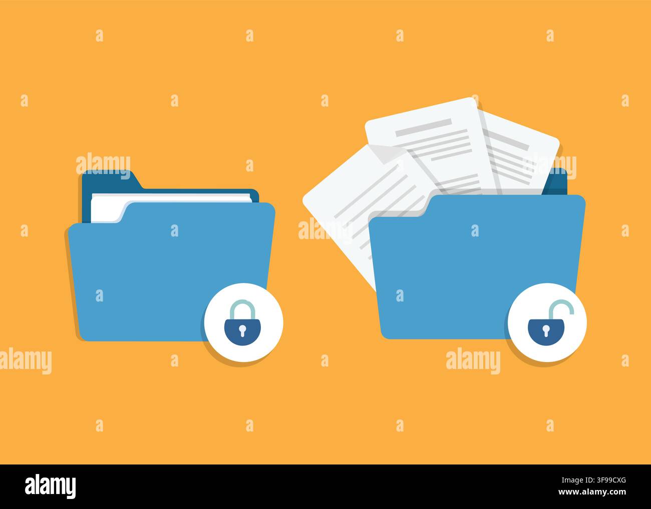 Flat vector icons showing a locked blue folder and an open folder with documents representing data privacy and access. Stock illustration: Stock Vector