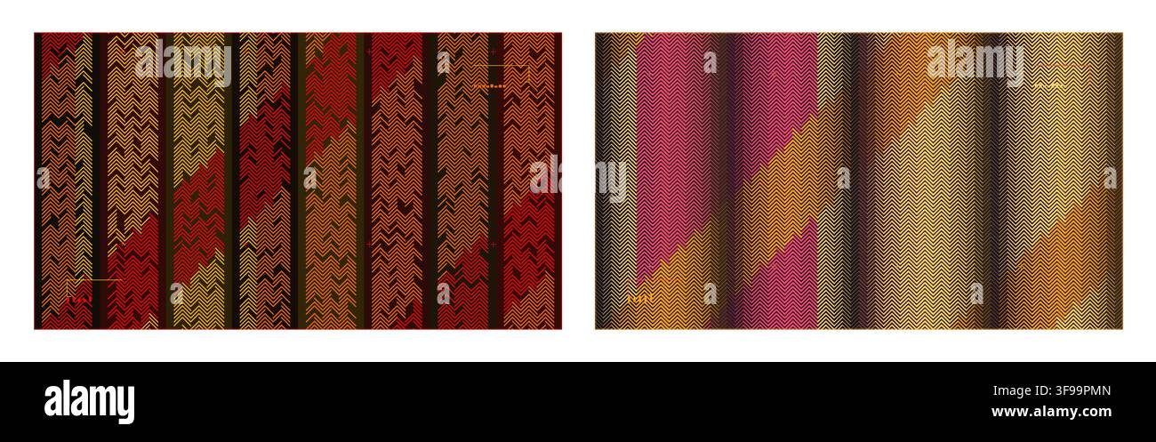 Set of abstract geometric vector horizontal banner templates with vertical stripes diagonal glitch texture and warm earth tone background Stock Vector