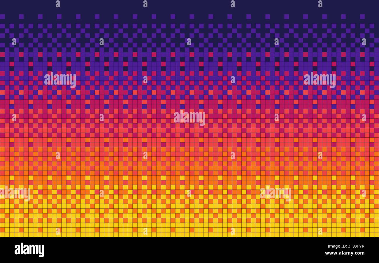 Abstract sunset pixel mosaic vector horizontal background with vibrant neon gradient halftone grid and retro 8-bit digital pattern Stock Vector