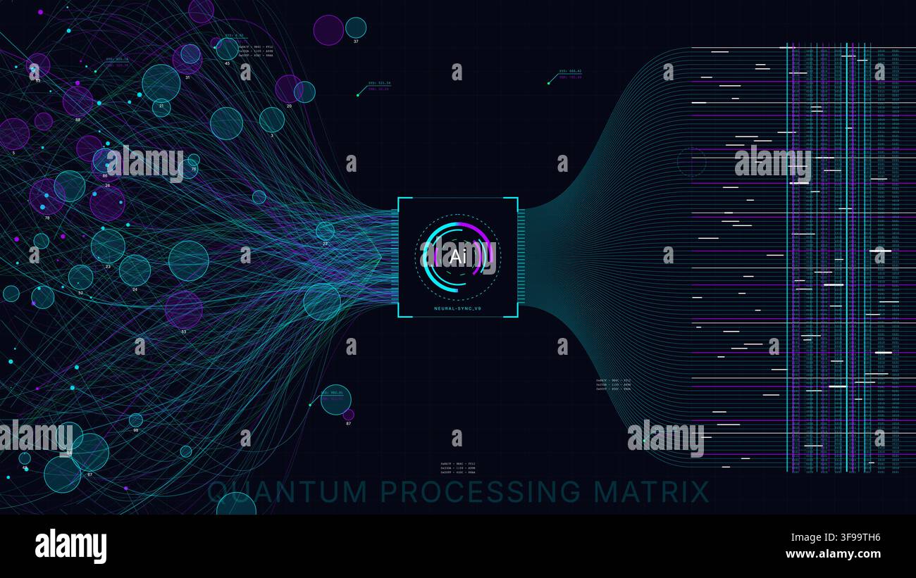 Futuristic AI microchip quantum processing matrix vector background with neural network data streams and machine learning visualization Stock Vector