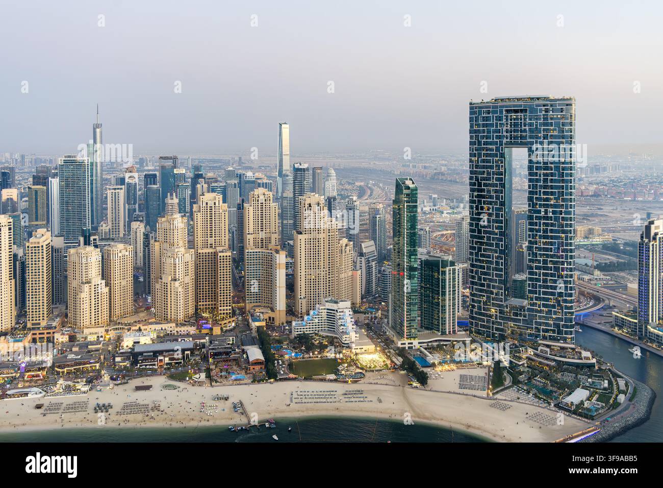 Dubai skyline with JBR Beach and Dubai Marina aerial view from above in United Arab Emirates Stock Photo
