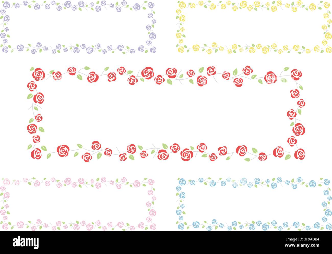Set Of Five Colorful Rectangle Floral Frames Isolated On A White Background. Vector Flat-Style Floral Borders Illustration. Stock Vector