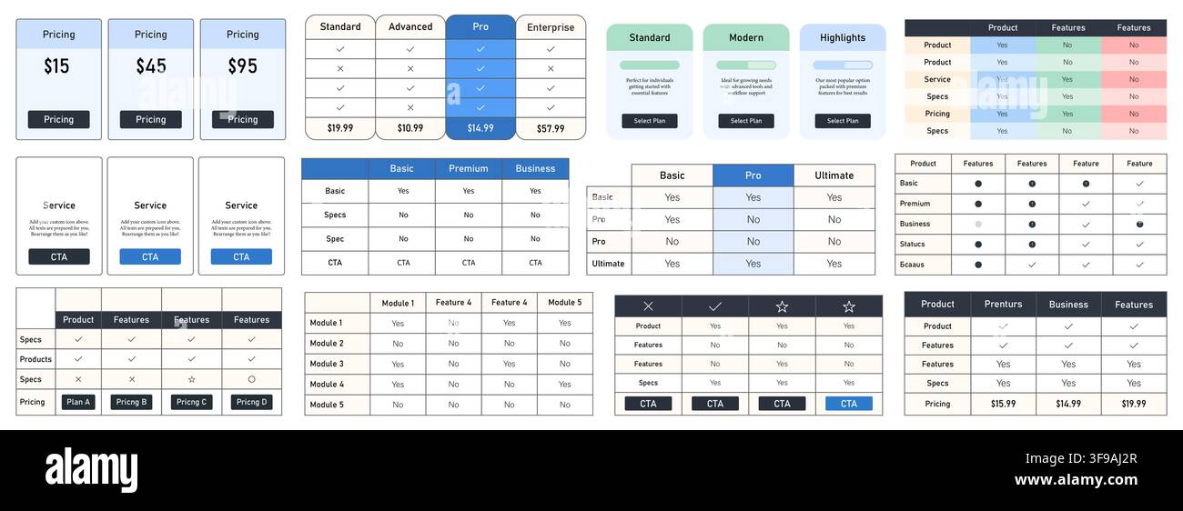 Modern pricing table and subscription plan comparison vector ui template set Stock Vector