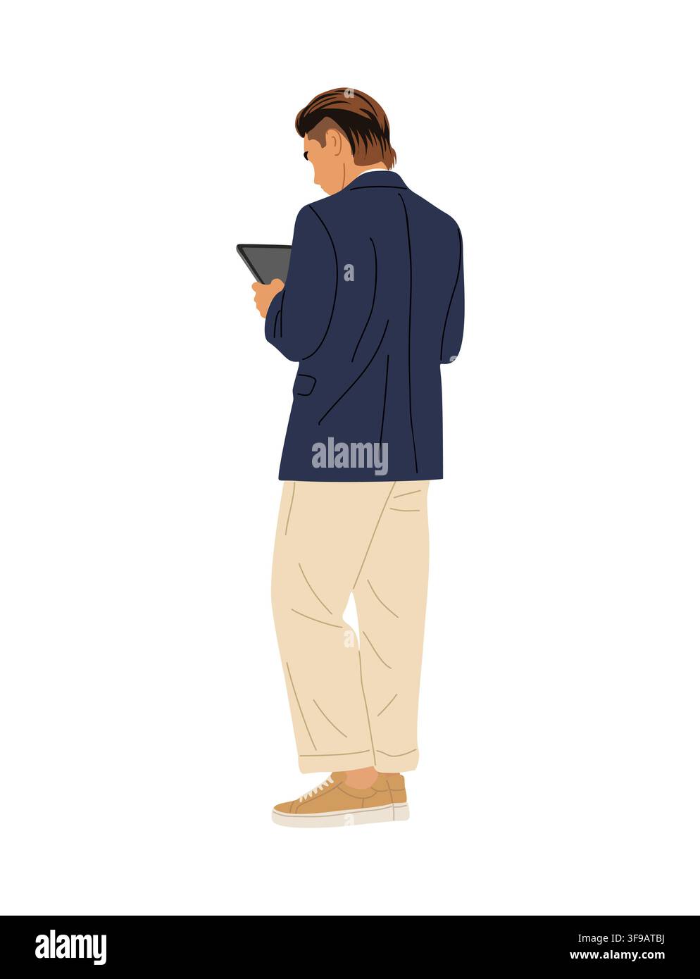Business Man stands, back turned, holding tablet. Stock Vector