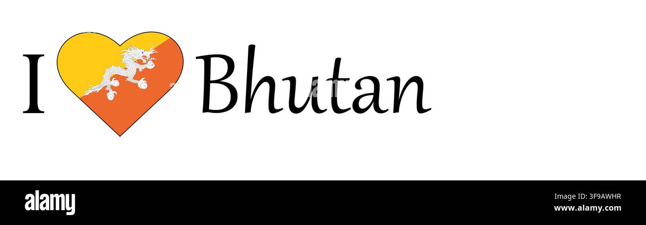 Illustration of I Love Bhutan with a heart shaped sign with a flag on a white background Stock Photo