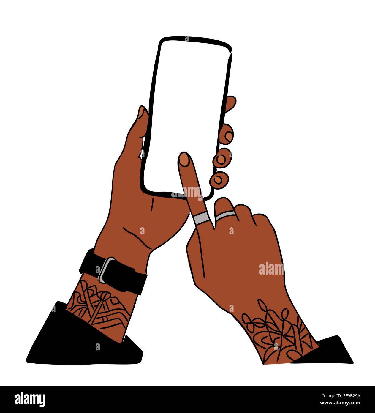 Hands hold smartphone with fingers tapping screen. Stock Vector