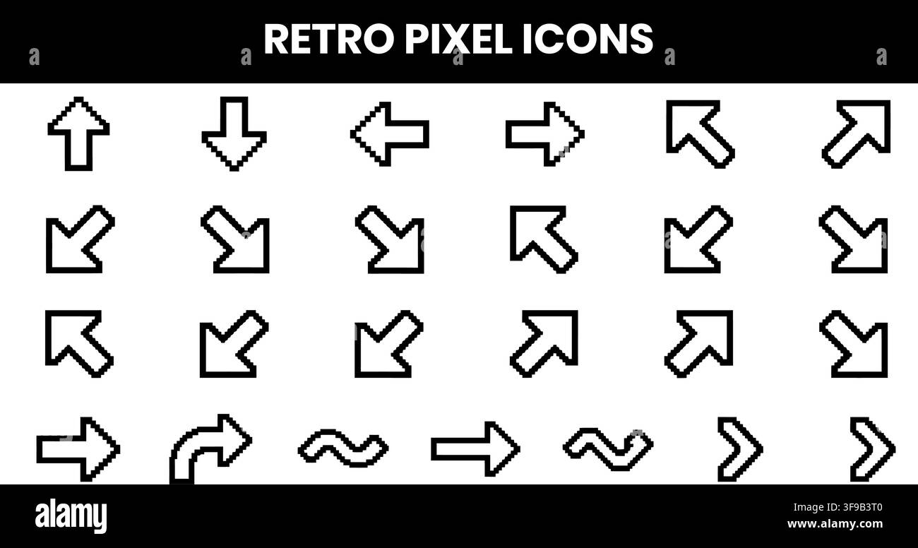 Retro Pixel Icons Arrow Cursor Navigation Digital Interface Minimalist Line Art Vector Bundle Stock Vector