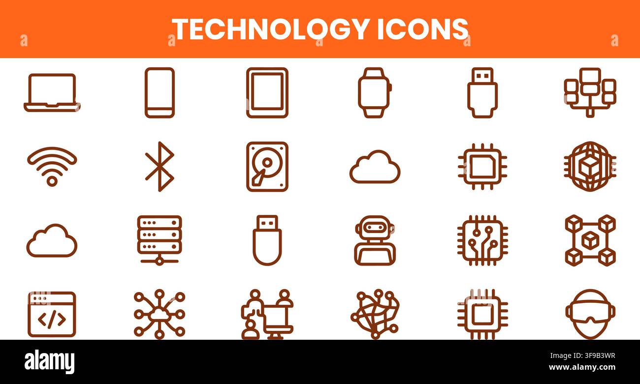 Modern Technology Electronics Hardware And Network Infrastructure Minimalist Line Icons Vector Bundle Stock Vector
