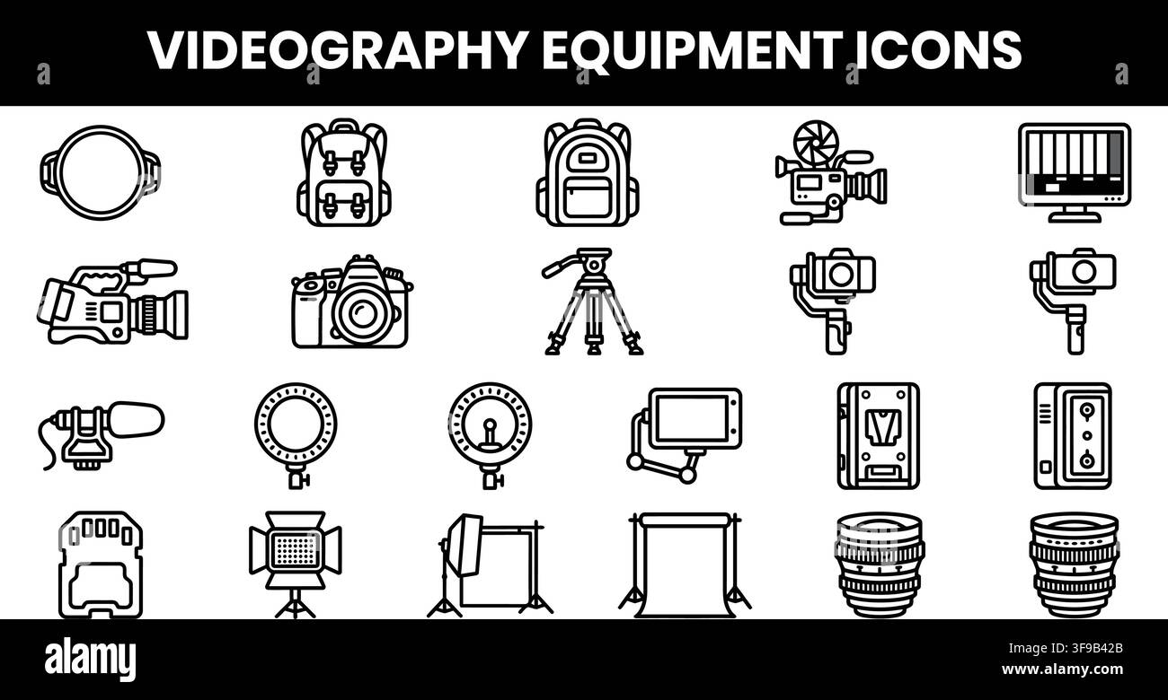 Videography Equipment Line Icons Set Featuring Cameras Tripods Lighting and Film Production Gear Stock Vector