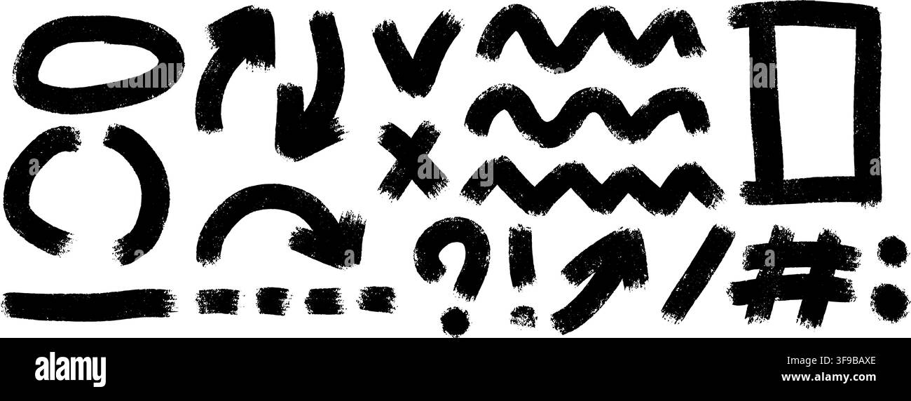 Brush shapes with zigzag lines, arrows and abstract marks in rough grunge texture. Bold hand drawn design elements. Stock Vector