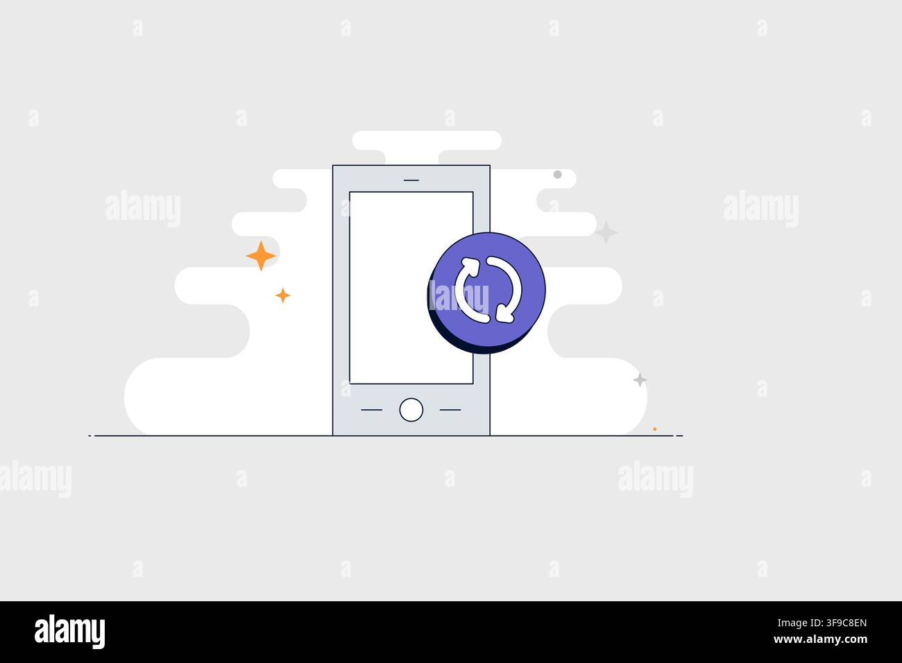 Mobile phone with refresh icon for synchronization updates and reloading Stock Vector