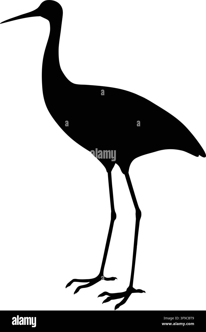 Simple and adorable flat colored Red-crowned crane illustration in silhouette Stock Vector