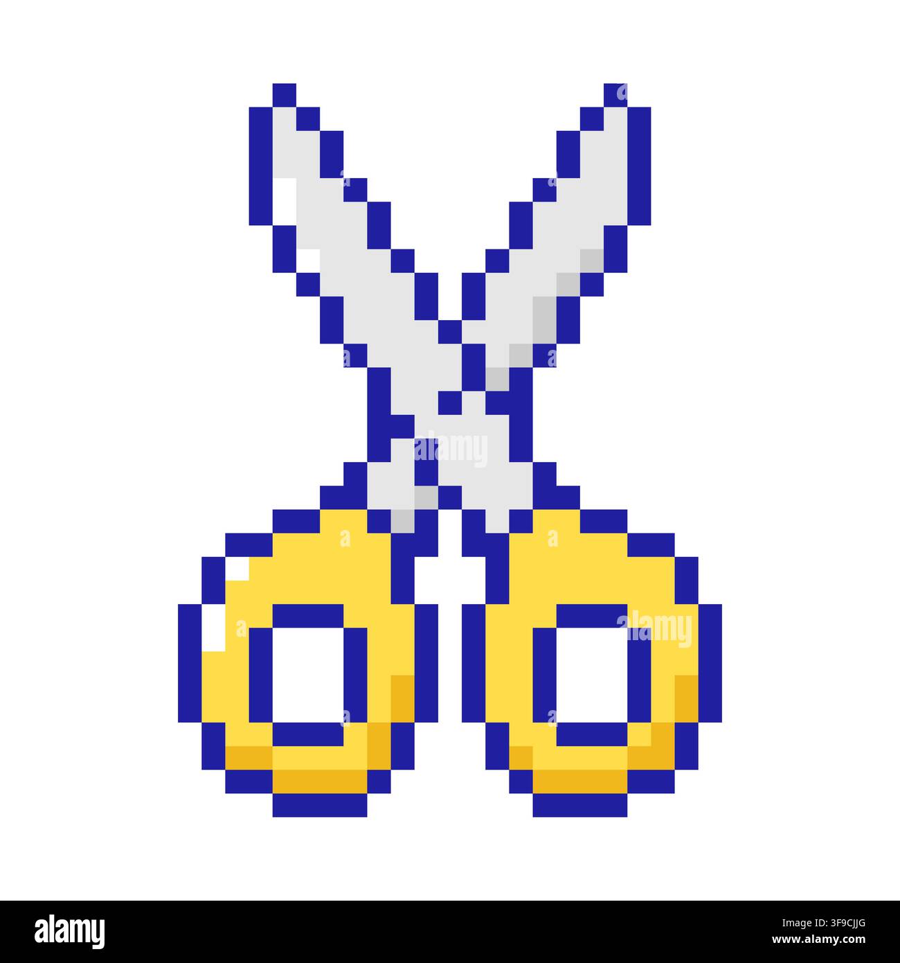 Pixel Art Yellow Scissors Isolated on White Background. Vector illustration Stock Vector