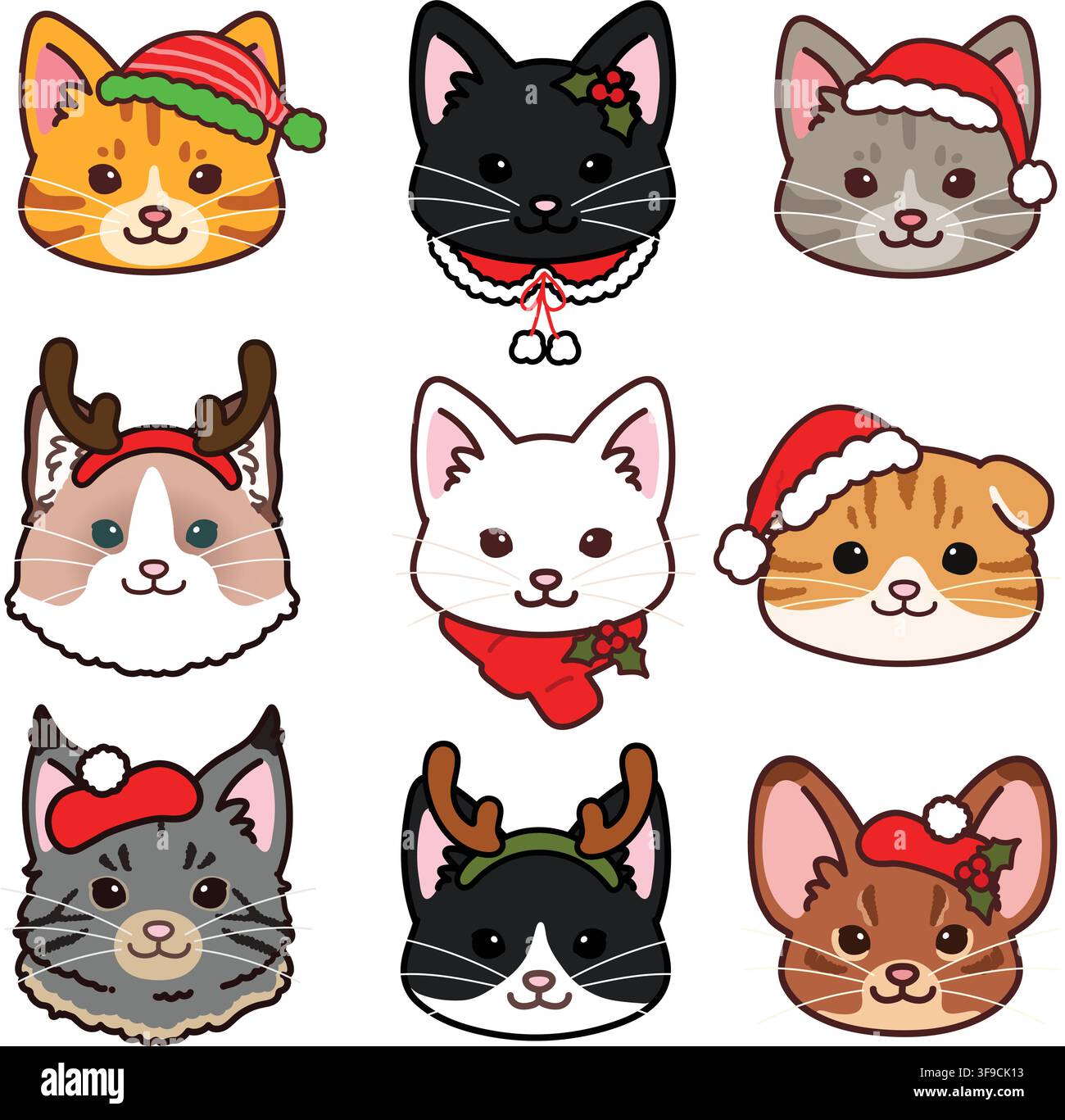 Simple and adorable cats front faces set Christmas version Stock Vector