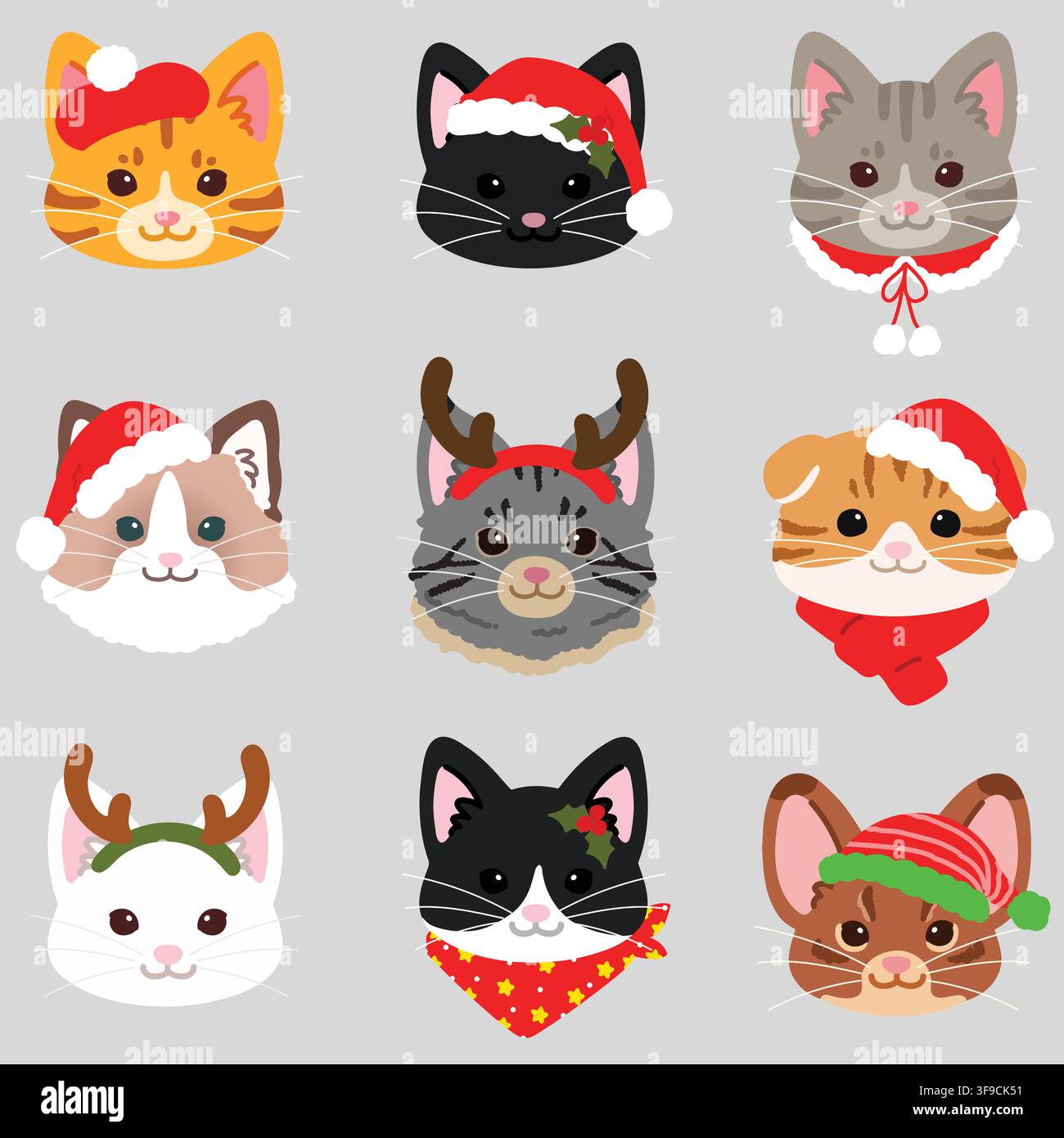 Simple and adorable cats front faces set flat colored Christmas version Stock Vector