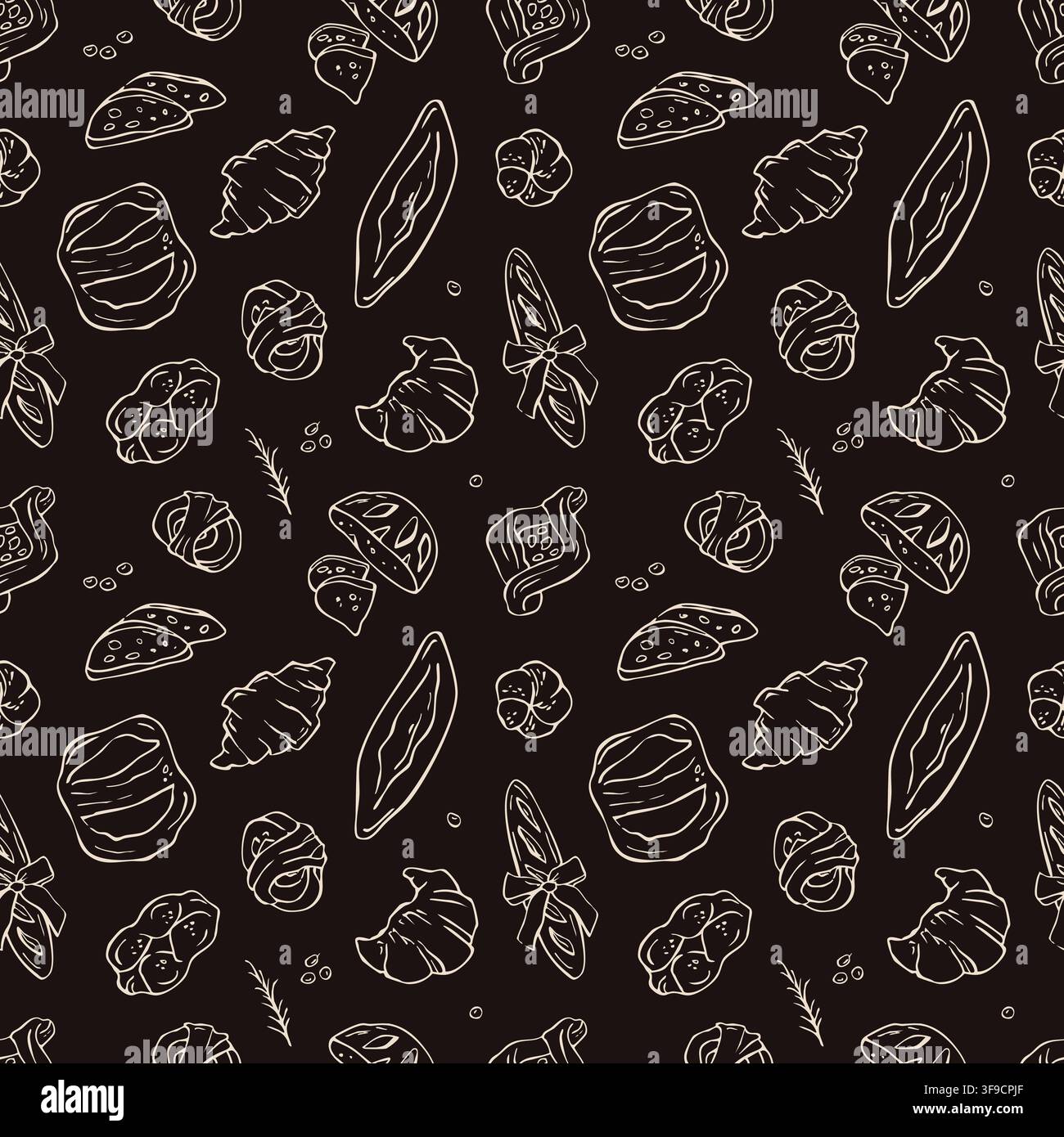 Hand drawn artisan bread seamless pattern on dark background vector chalk doodle illustration Stock Vector
