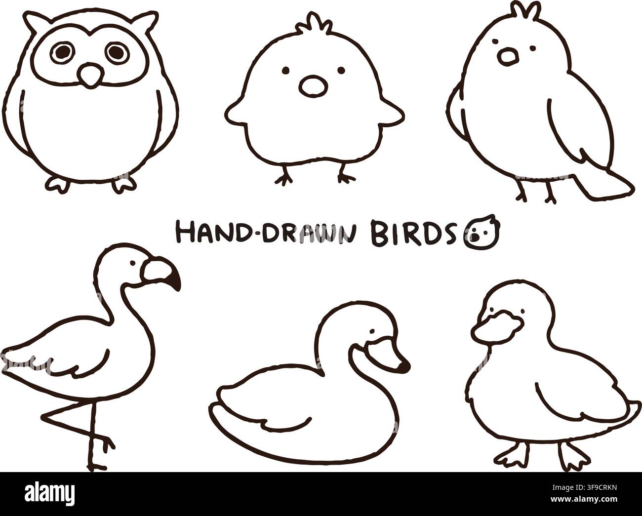 Hand-drawn adorable simple birds set Stock Vector
