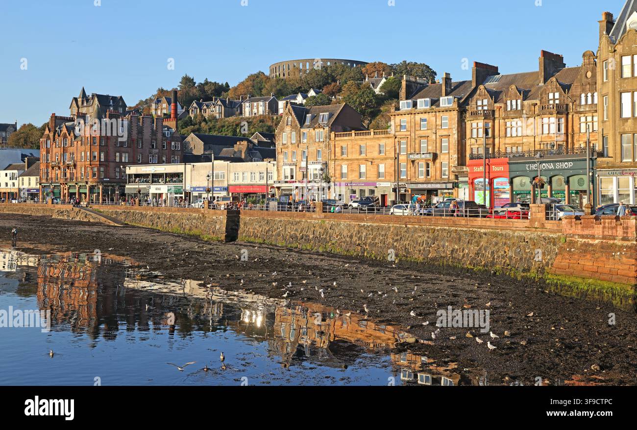 Oban harbour waterfront at low tide in evening light, Scotland, UK. Stock Photo