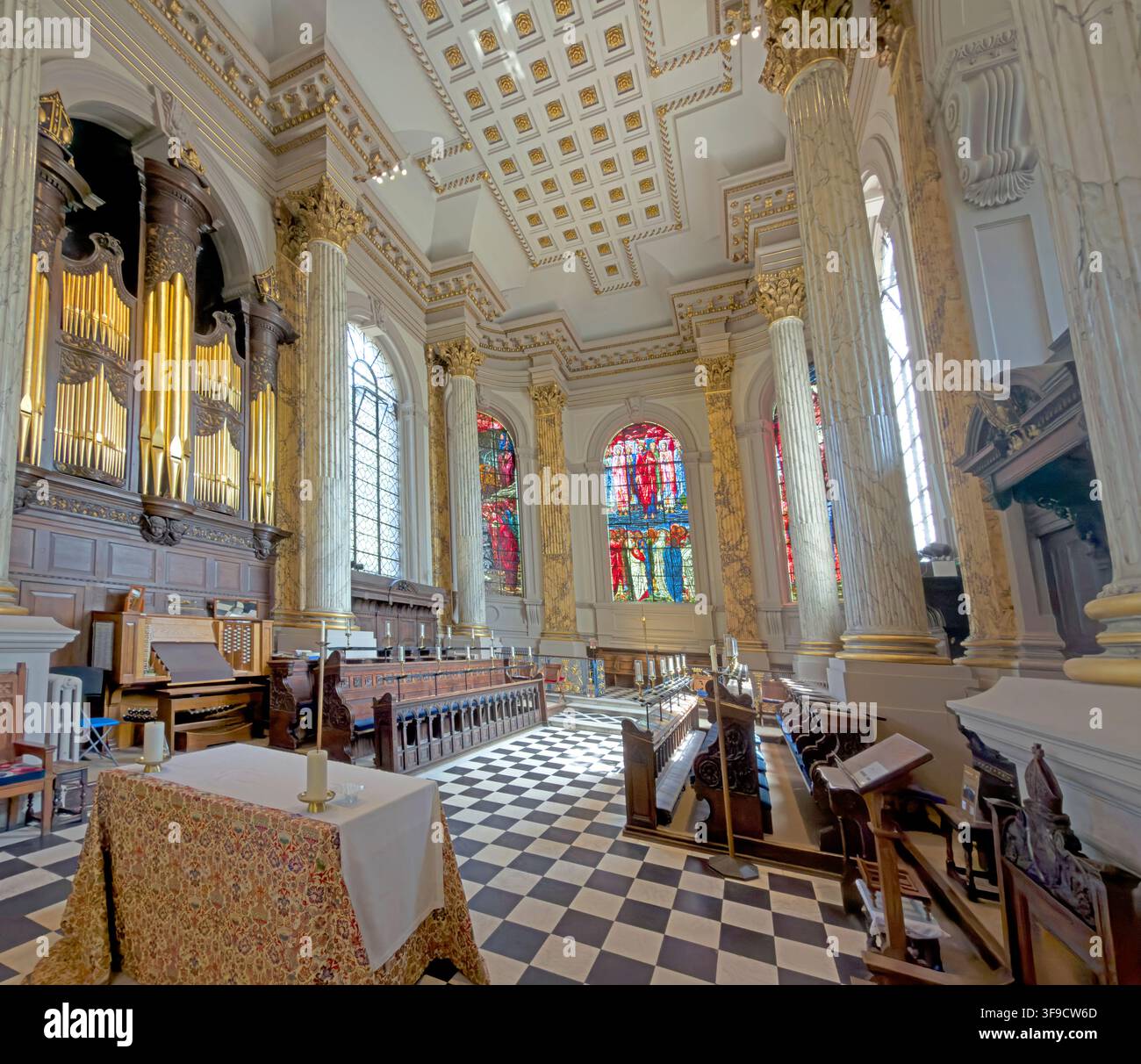 Interior of St Philip's church with organ, stained glass and ornate architecture. Stock Photo