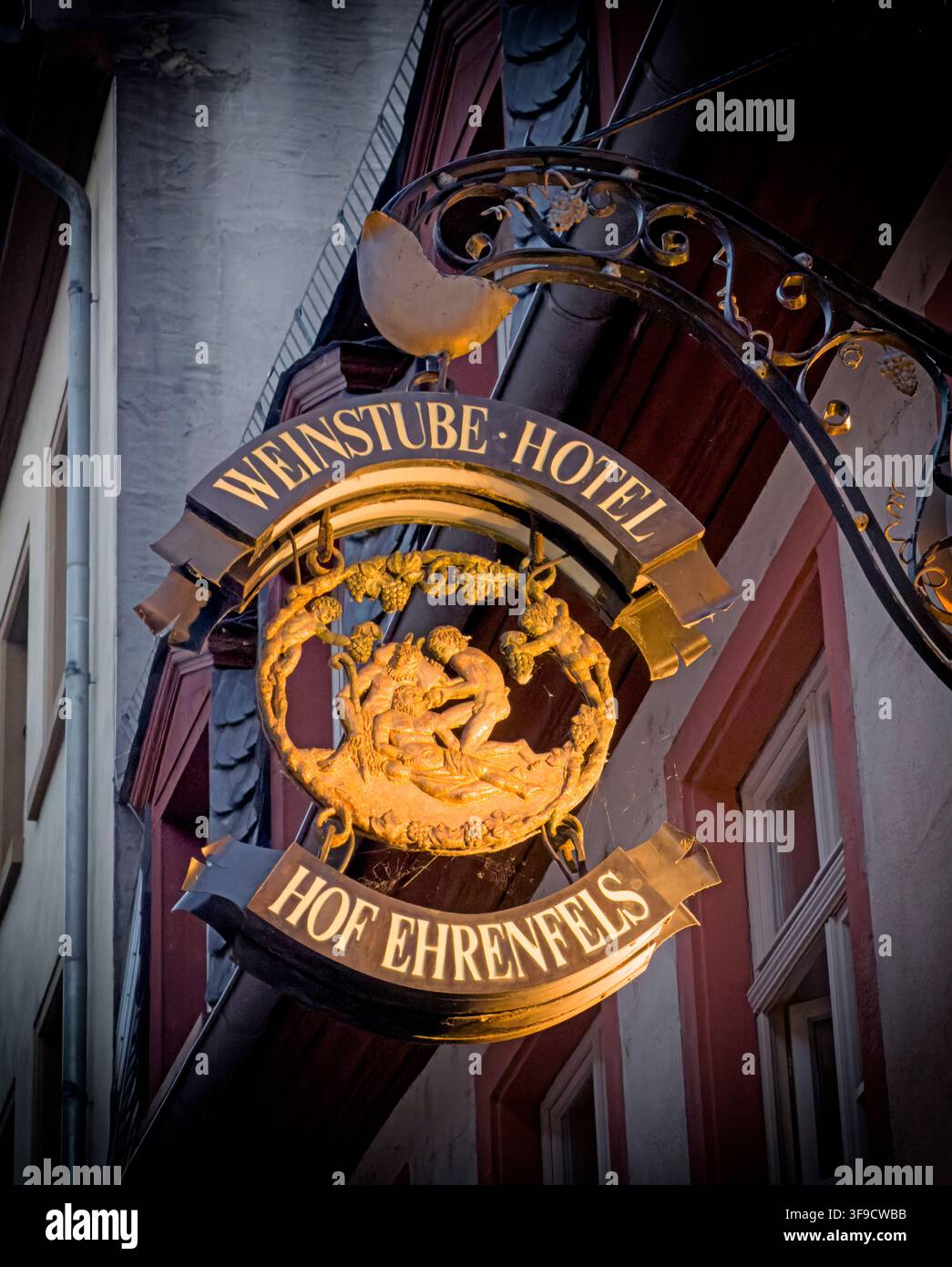 Weinstube Hof Ehrenfels traditional hanging sign in Mainz, Germany. Stock Photo