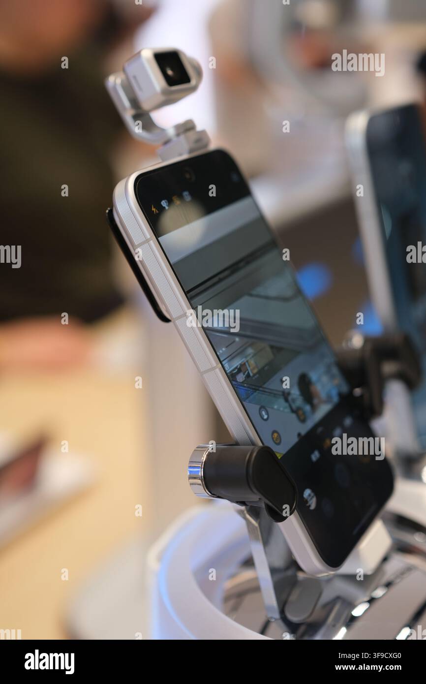 Shanghai, China-August 15th 2026: Honor Robot Phone close up in store. Phone with gimbal camera Stock Photo