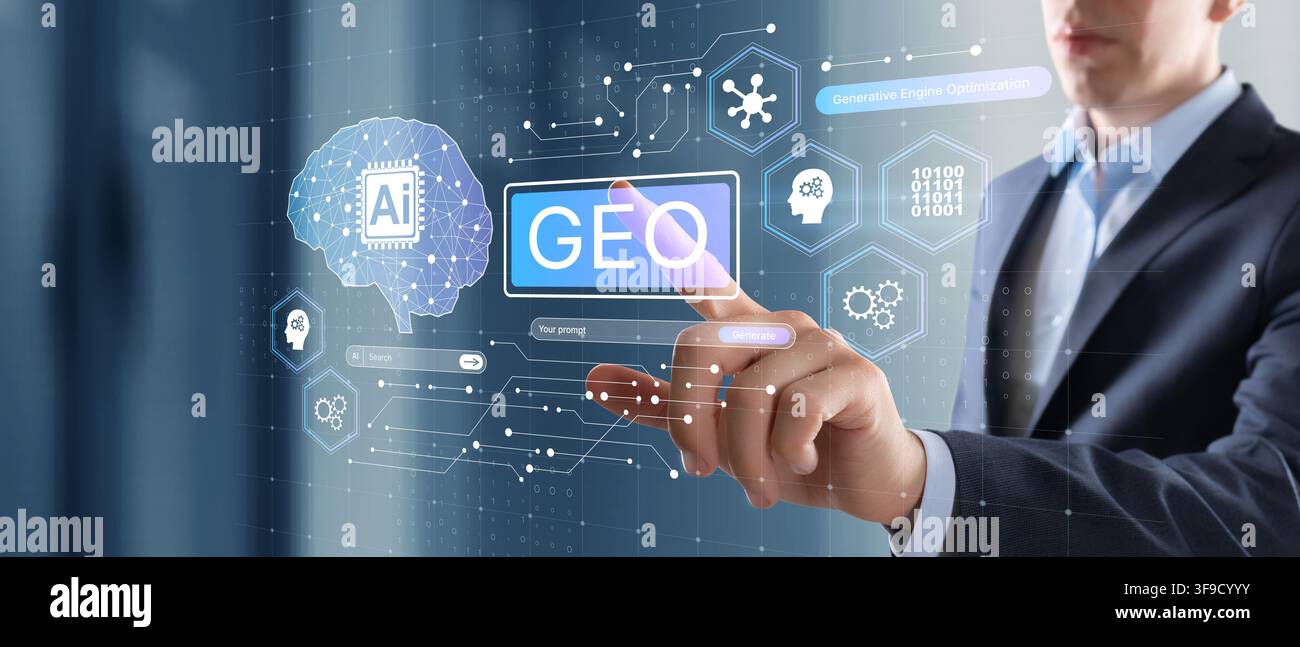 GEO generative engine optimization system for AI and machine learning with interactive digital interface Stock Photo