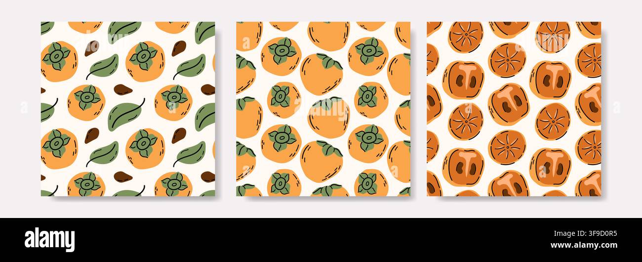 Persimmon Fruit Seamless Pattern Collection Stock Vector