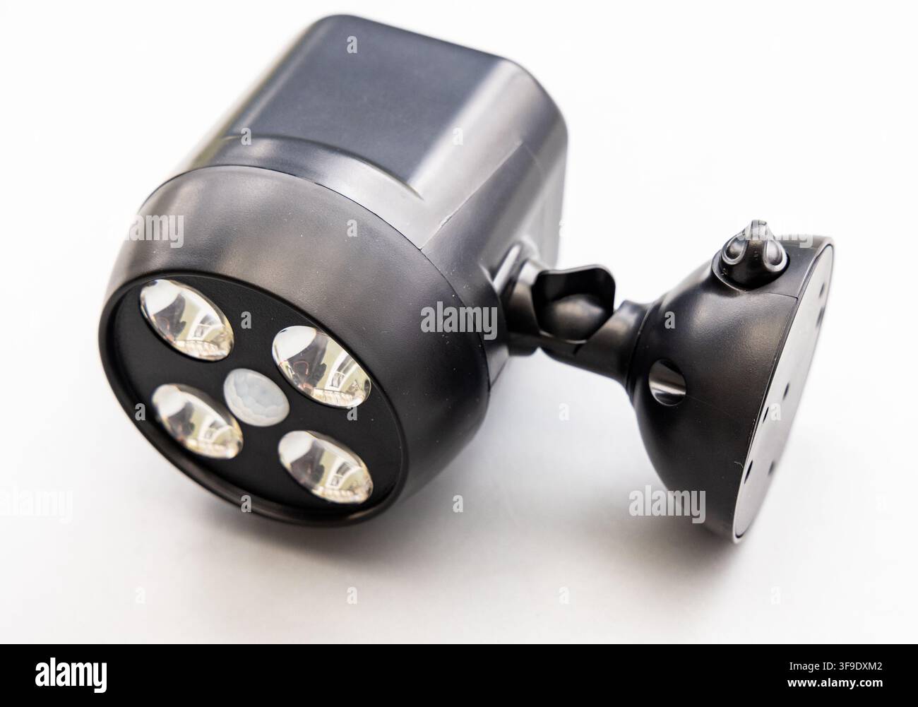 This black LED security light has a motion sensor Stock Photo
