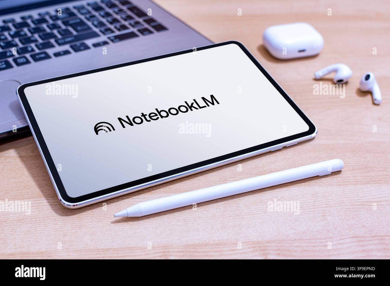 NotebookLM AI app logo on an Apple iPad screen. Stock Photo