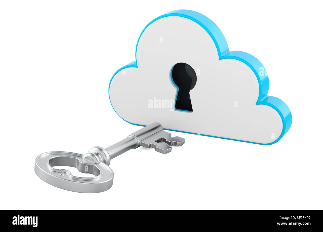 Secure cloud access and data protection concept. Key and cloud with keyhole. 3D rendering isolated on white background Stock Photo