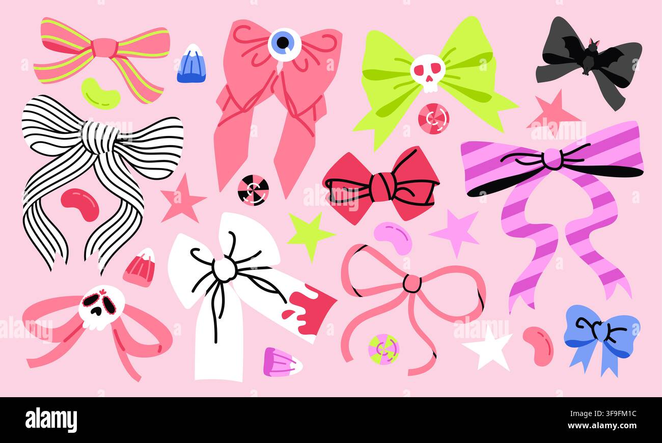 Cute Halloween Bow Collection on Pink Background Stock Vector