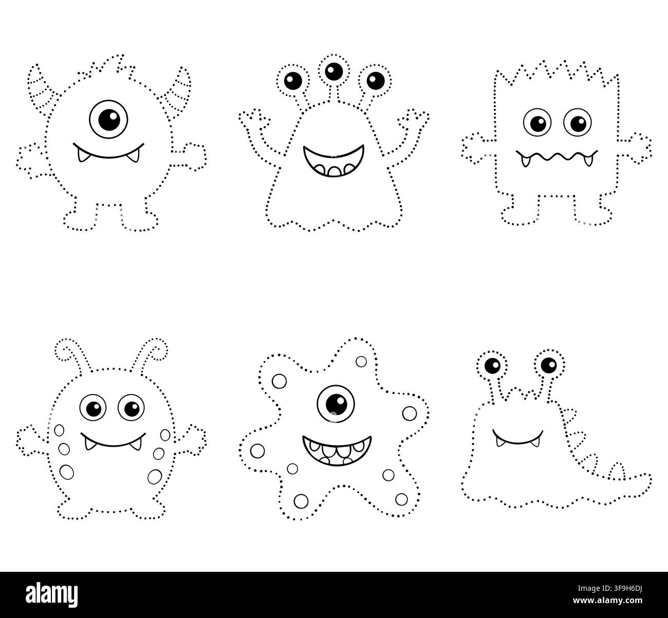 Cute dotted doodle monster set. Stock Vector