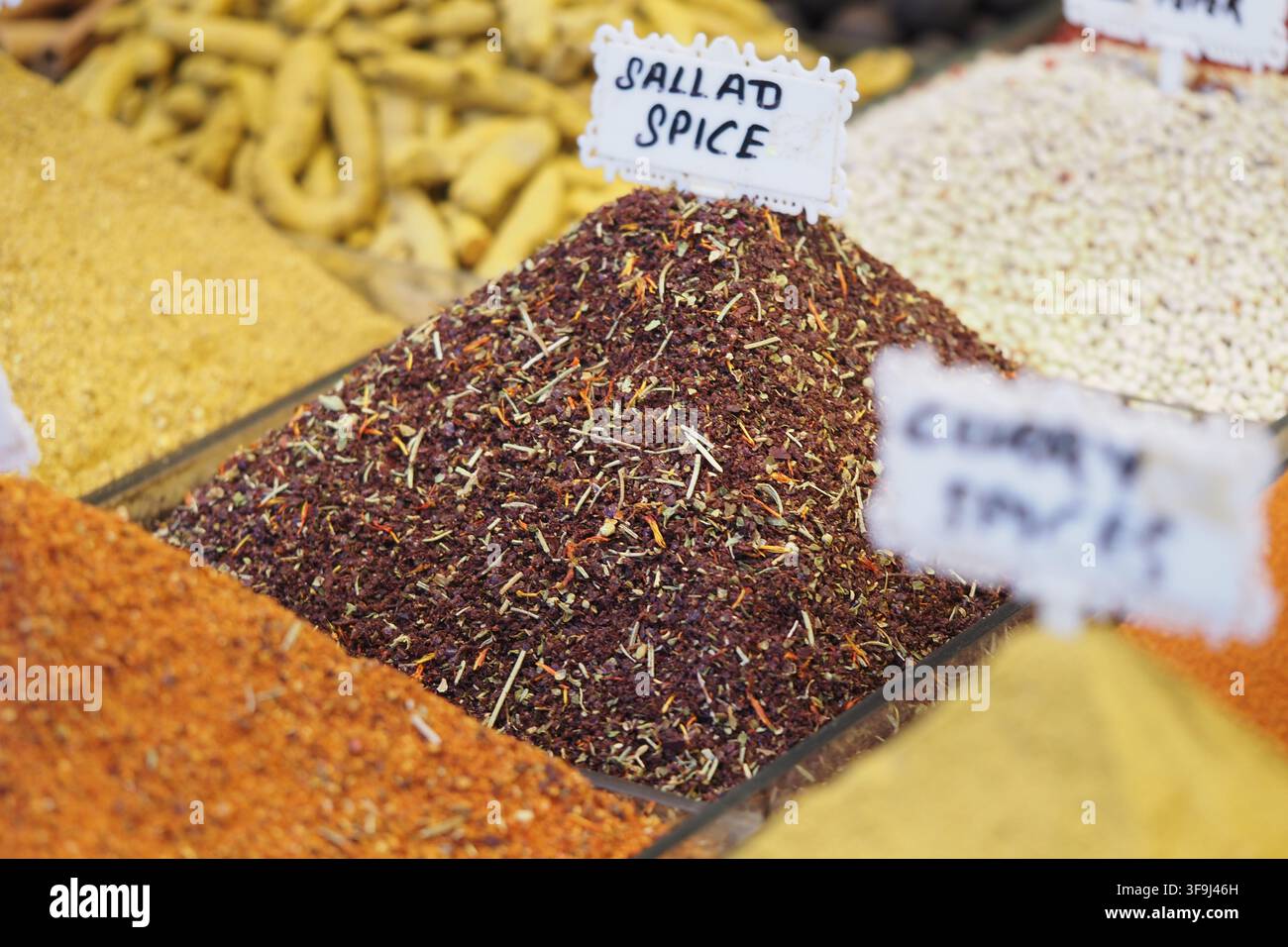 Spices on display in a market Stock Photo