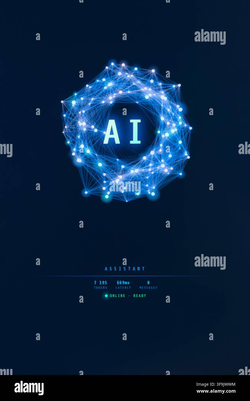 Futuristic AI assistant mobile app screen interface with glowing neural network visualization. Abstract artificial intelligence concept virtual assistant application design. Copy space Stock Photo