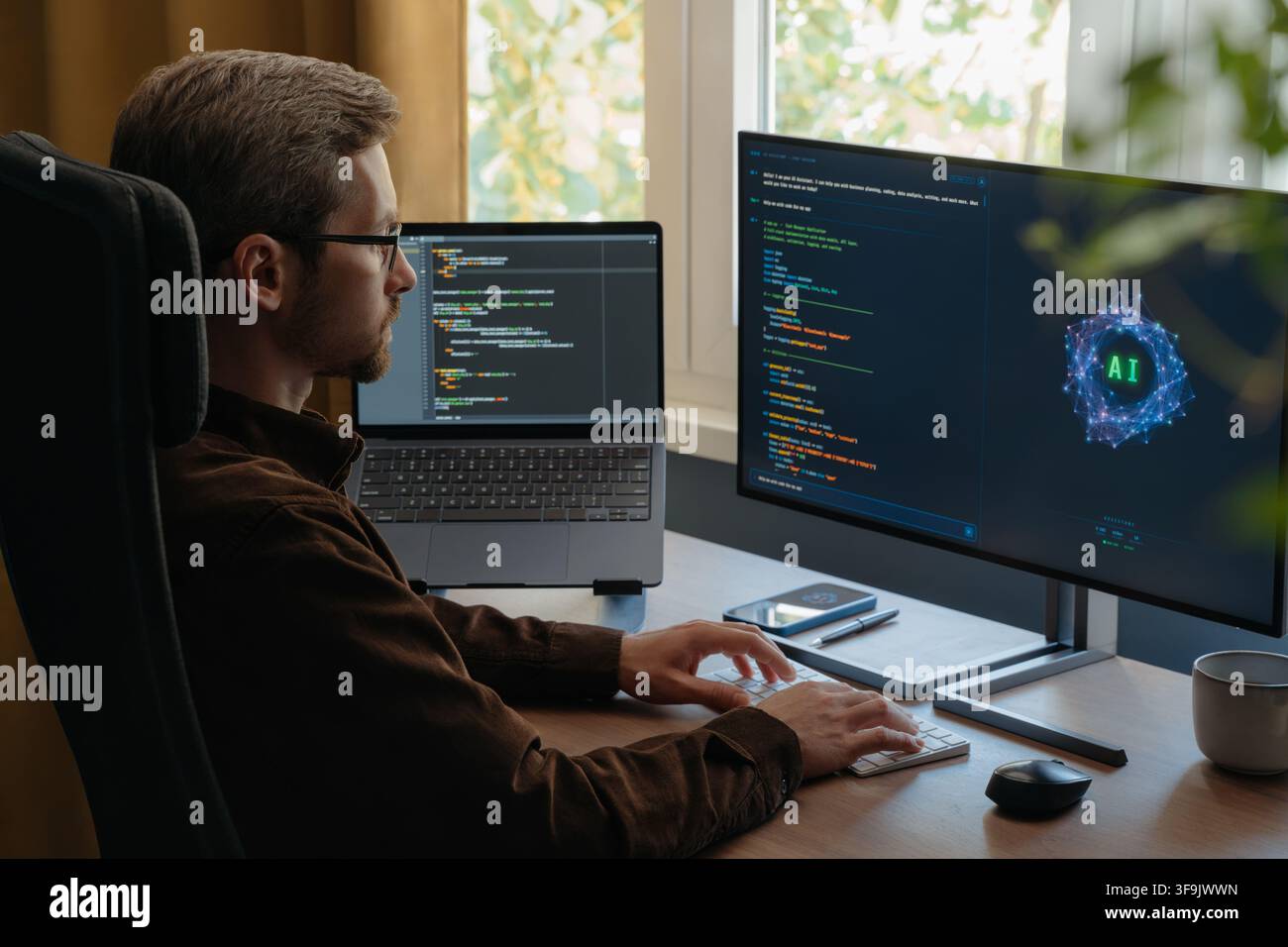Professional programmer using an AI coding assistant or Artificial intelligence agent on a desktop computer while writing software code in a home office. Vibe coding concept. Space for text Stock Photo