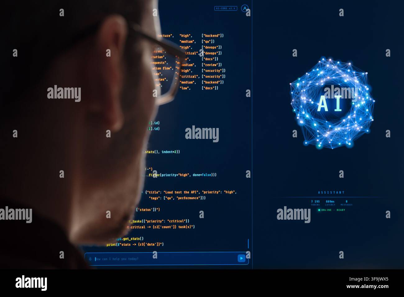 Close-up from behind of software engineer working with AI assistant, programming on a large monitor, Artificial intelligence agent writing code, helping with software development. Copy space Stock Photo