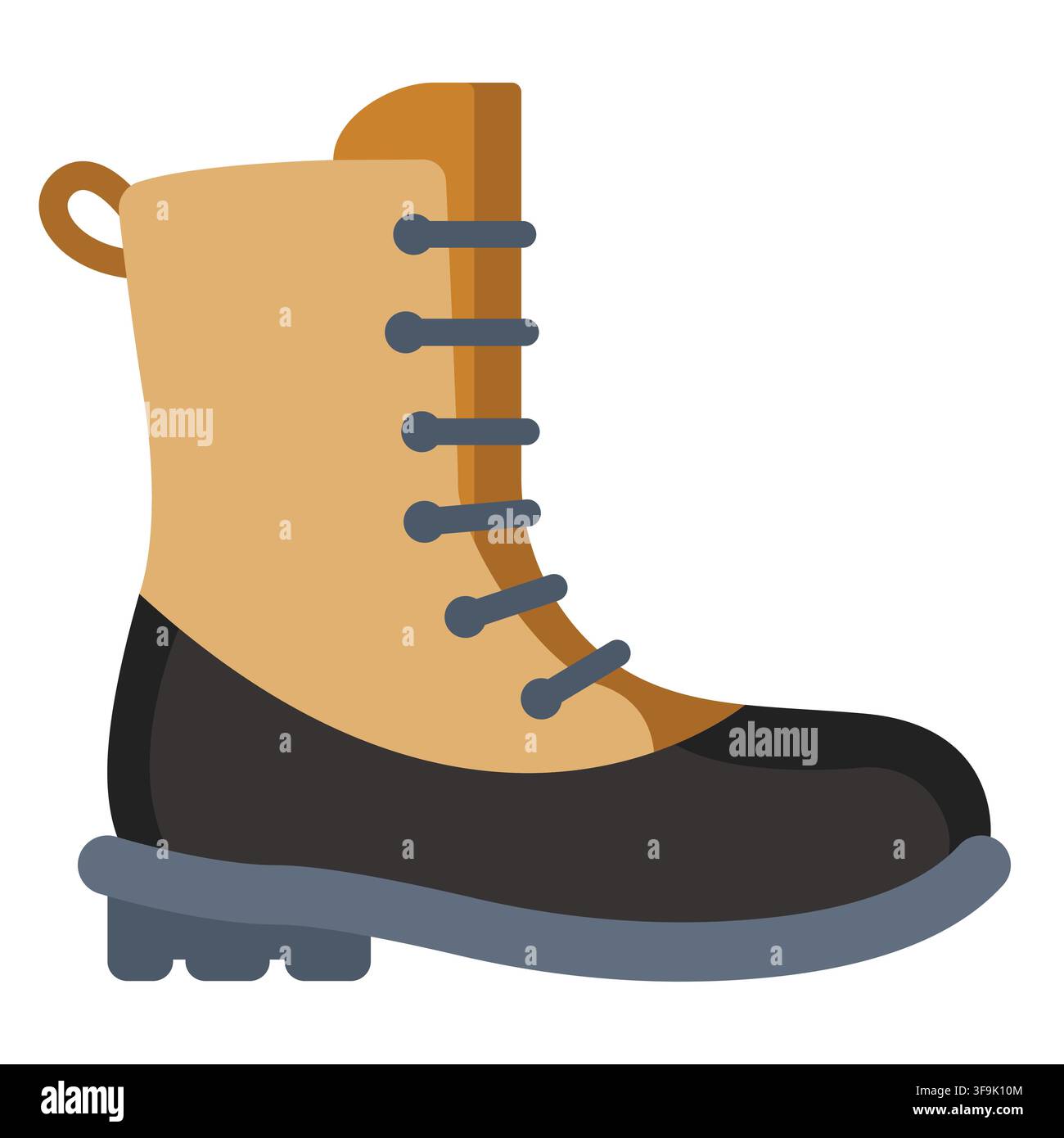 Detailed illustration of a rugged tan and black hiking boot with blue laces Stock Vector