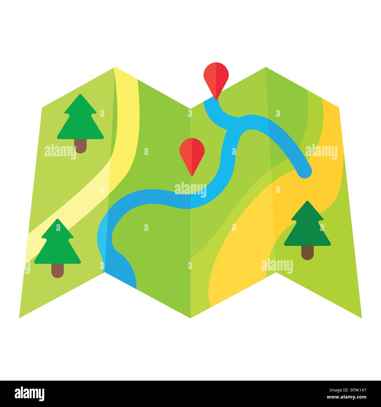 Colorful flat design map with trees, river, and location pins for outdoor adventure Stock Vector