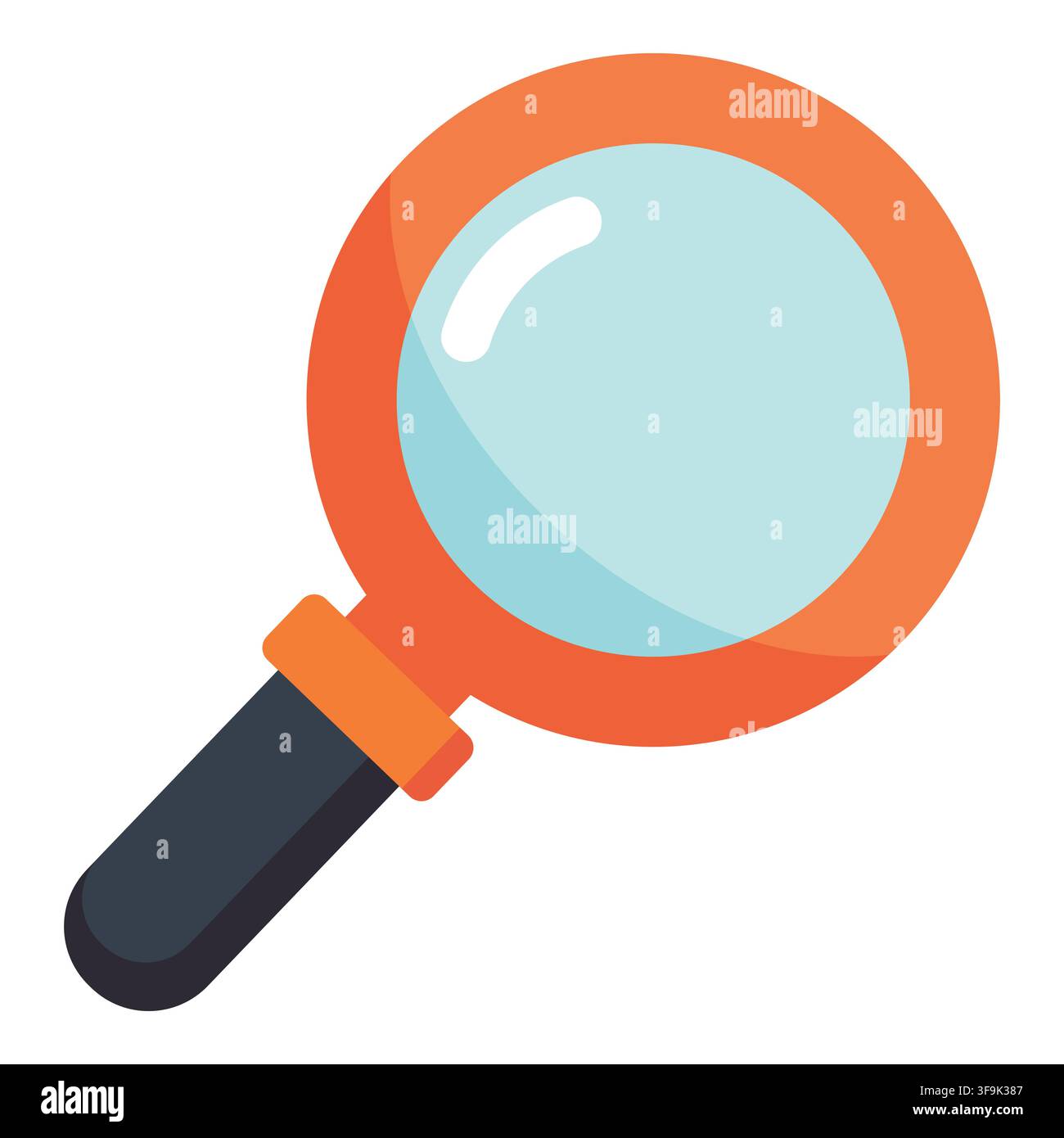Orange magnifying glass with a dark handle and blue lens, isolated on white background Stock Vector