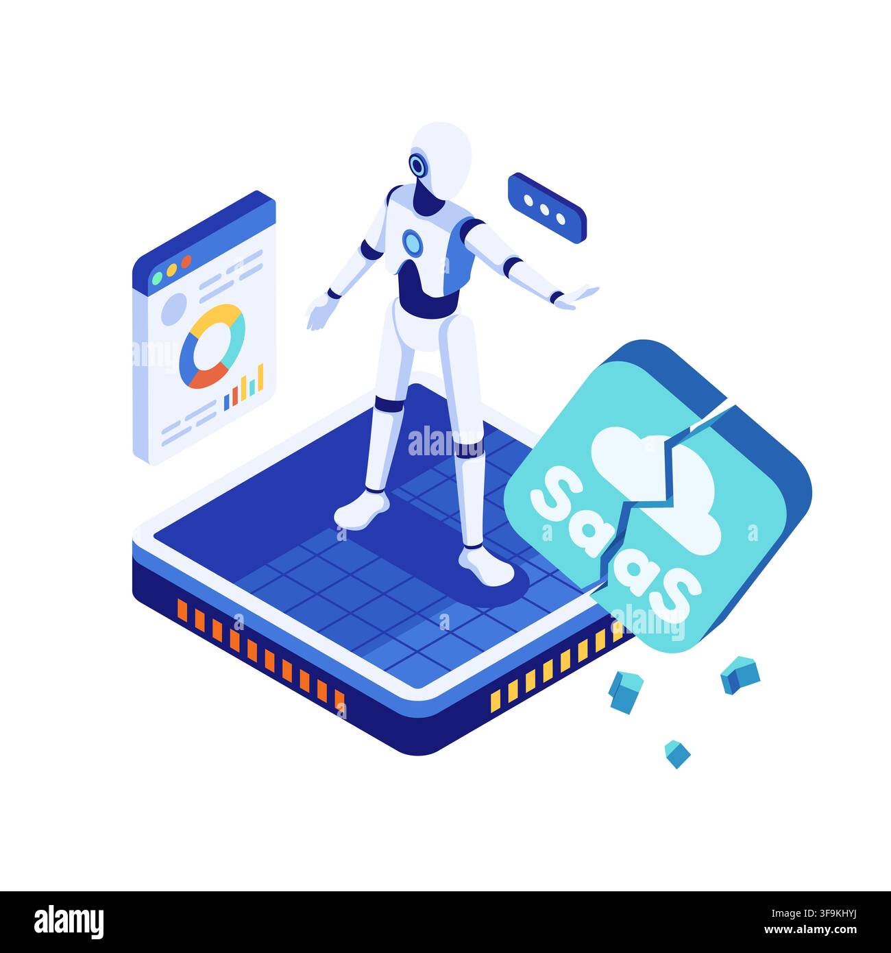 Isometic AI Replacing SaaS Platform Concept with Robot Destroying Cloud Software Block Stock Vector