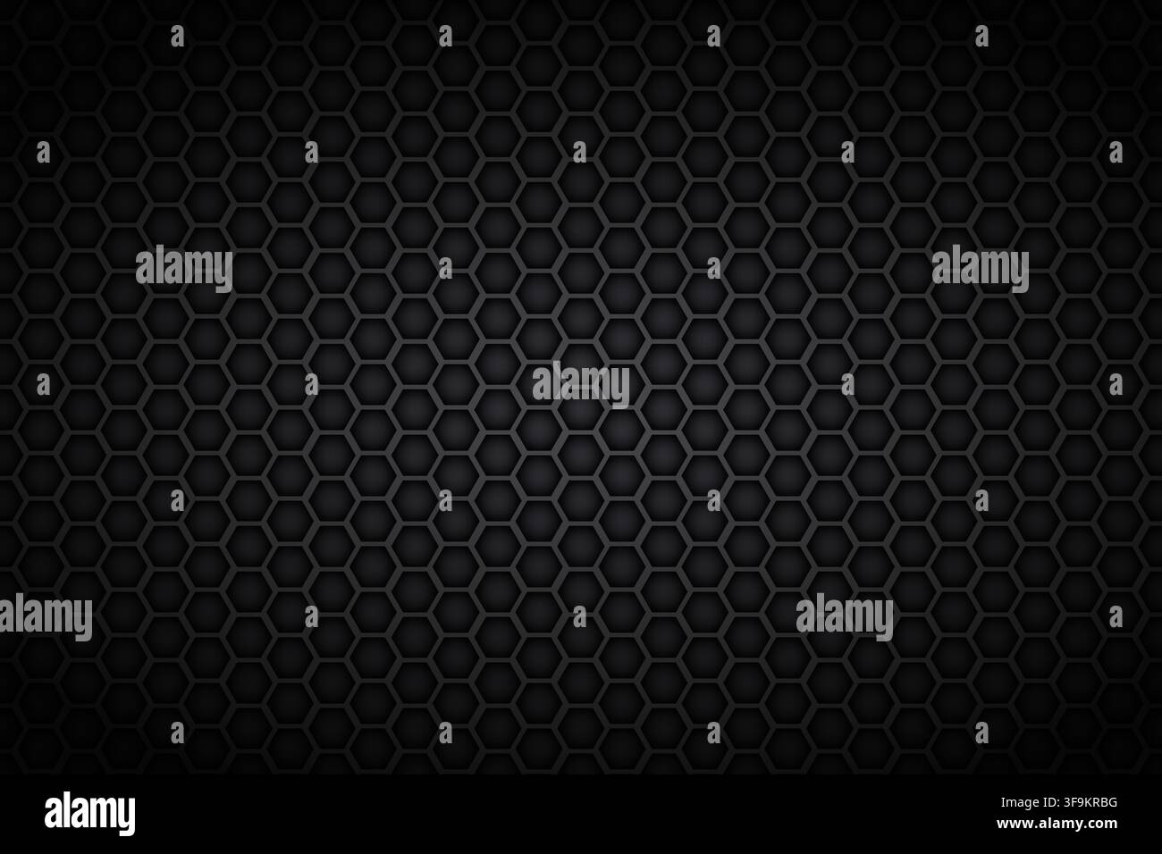 Black hexagonal metal honeycomb texture. Dark futuristic science and technology background with geometric pattern. Metallic steel surface for Stock Vector