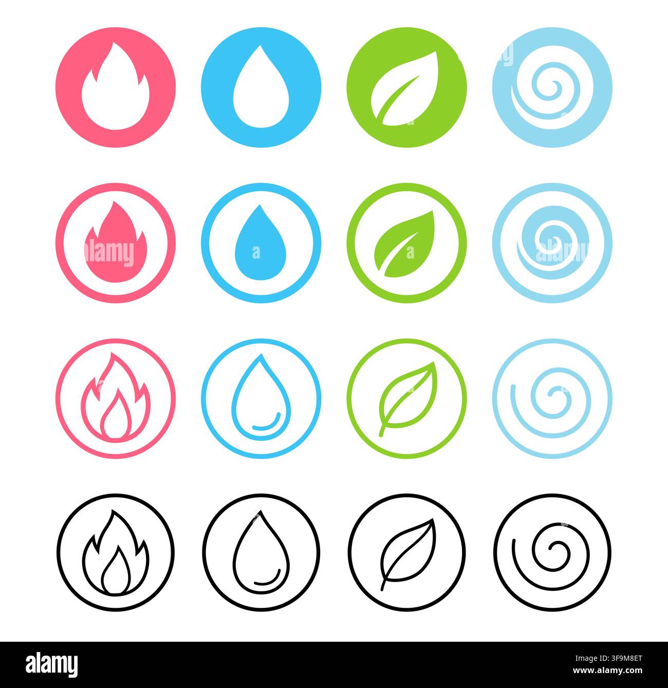 Four elements of nature symbols set. Water, fire, earth, air. 4 styles: line icon, solid silhouette, filled, black and white. Vector design elements. Stock Vector