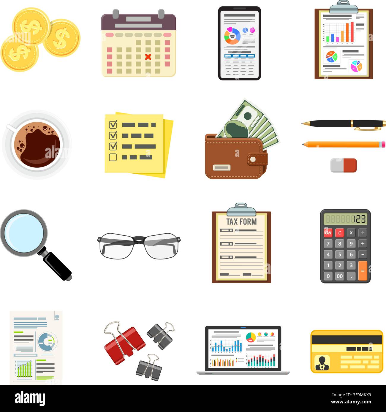 Set Auditing, Tax process calculation, Accounting icons in flat style. Calculator, Magnifying Glass, financial reports, Tax form, laptop, smartphone a Stock Vector