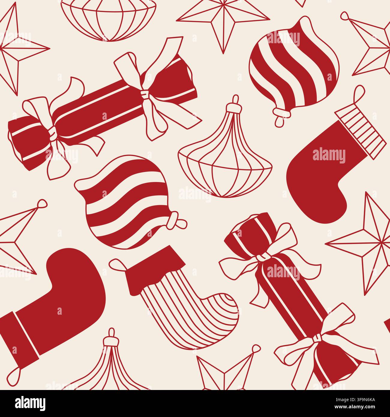 Hand-drawn Christmas seamless pattern with stockings, present and Christmas ornaments in red color for seasonal packaging, fabric Stock Vector